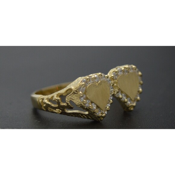 Real 10K Solid Yellow Gold CZ Double Heart ID Ring Engraving 2.6gr All Sizes - Picture 3 of 5